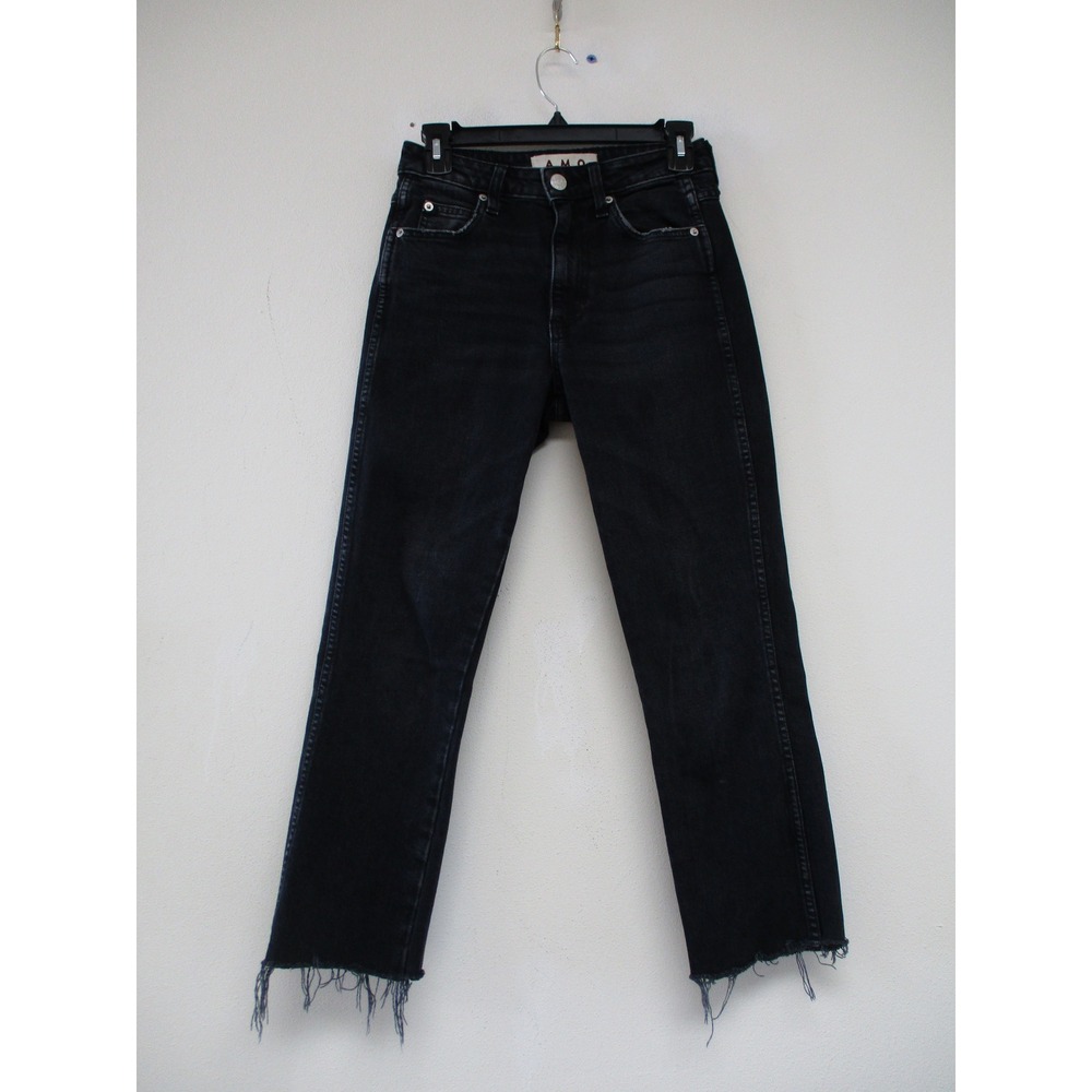 AMO Jeans Women 24 Black Distressed Raw Hem High Rise Straight Made in USA